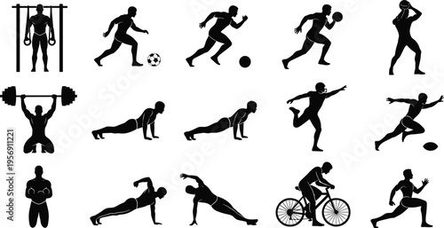 Sports Silhouette Collection with Athletes Running Cycling Weightlifting Football Training Exercises Set for Fitness Workout Activity and Vector Illustration Design