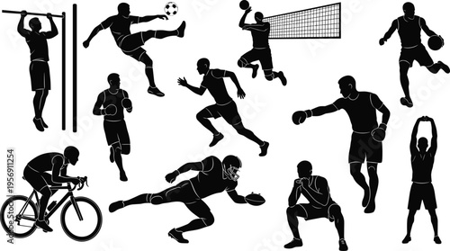 Athlete Silhouette Set with Various Sports Activities Including Running Boxing Cycling Volleyball Football and Training Exercises for Fitness Vector Illustration Collection
