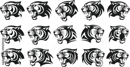 Roaring Tiger Head Silhouette Collection with Aggressive Wild Animal Faces for Mascot Logo Design Sports Branding and Powerful Vector Illustration Set