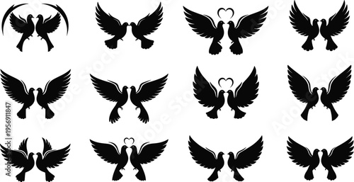 Flying Dove Silhouette Collection with Romantic Love Bird Pairs and Heart Symbols for Wedding Designs Valentine Graphics and Vector Illustration Set