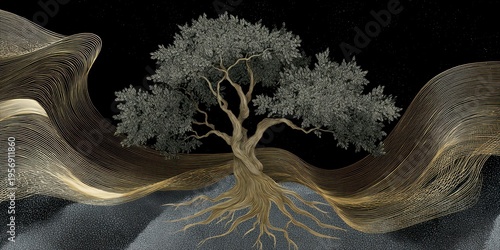 an intricate golden tree with roots, woodcut texture