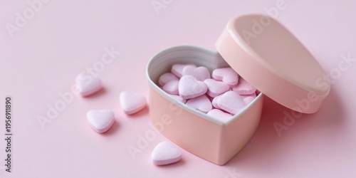 pink heart shaped pills in an open pink box on a pastel background