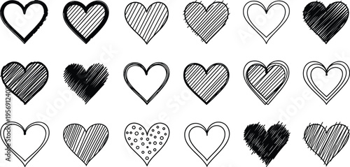 Hand Drawn Heart Icon Collection with Sketch Style Love Symbols Doodle Hearts Set for Valentine Design Romantic Elements and Vector Illustration