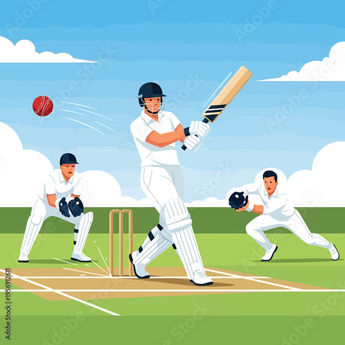 Cricket player batting during a match, batsman hitting ball, wicketkeeper and fielder behind.