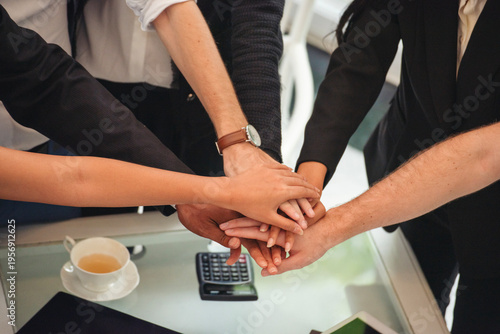 Banner top view business people meeting together at office desk conference room. Panorama Diversity Hands join empower partner teams connection Mergers acquisitions social community teamwork mission