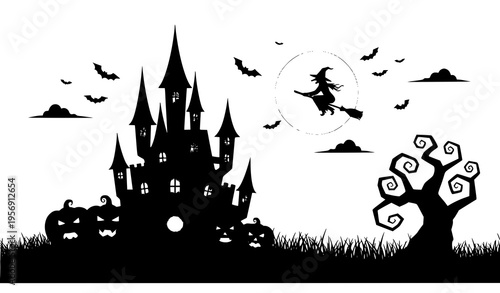 Halloween night silhouette vector with haunted castle, witch, glowing pumpkins, bats, and eerie tree