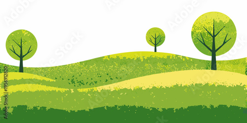 Stylized green landscape with rolling hills and simplified trees