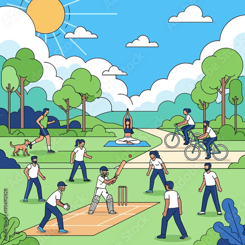 Summer park activities: cricket, cycling, yoga, running, dog walking, sunny day