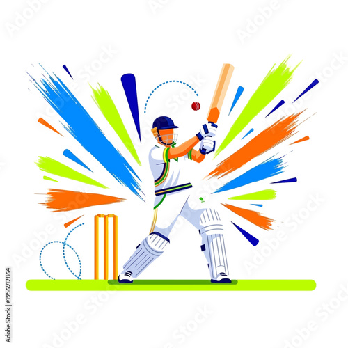 Cricket batsman hitting ball with colorful abstract background, action shot