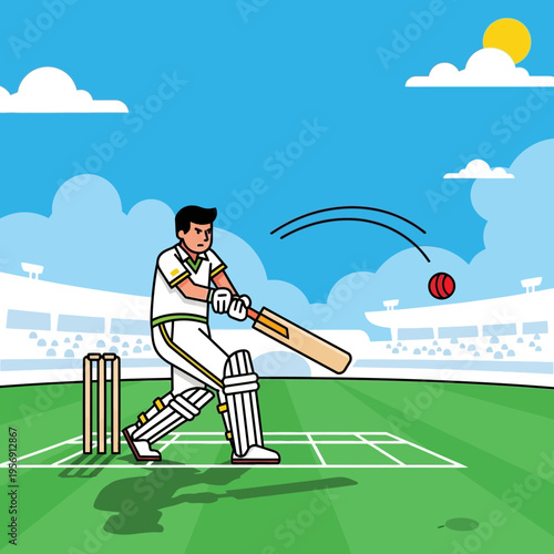 Cricket batsman hitting ball during match on sunny day with stadium background