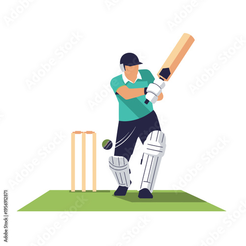 Cricket batsman hitting ball, wicket and stumps on green field, action sport illustration