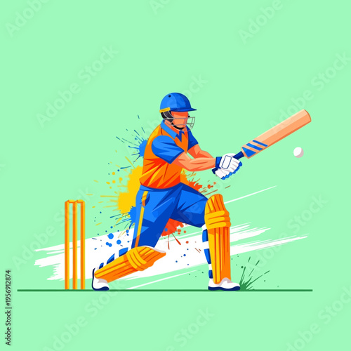 Cricket batsman hitting ball, dynamic action shot with colorful paint splashes