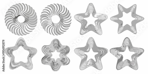 Abstract grayscale shapes toruses and star like forms with wavy lines
