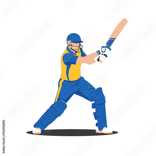 Cricket batsman in blue and yellow uniform hitting a shot with bat, action pose