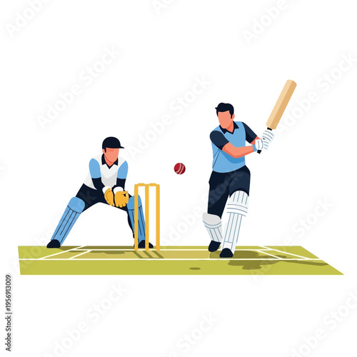 Cricket match action: batsman hitting ball, wicketkeeper ready, sports concept