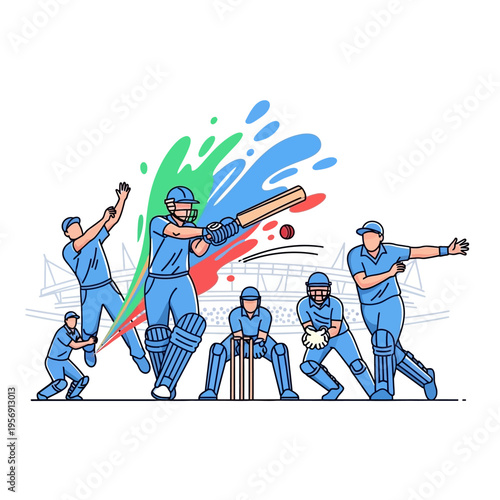 Cricket match action illustration: batsman hitting ball, bowler, wicketkeeper, fielders