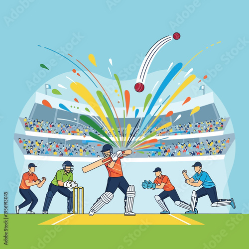 Cricket match action, batsman hitting ball with colorful explosion in stadium, excited crowd