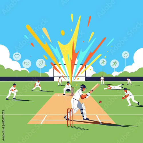 Cricket match in progress, batsman hitting ball, colorful explosion of energy and sport icons