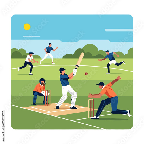 Cricket match in progress, batsman hitting ball, fielders and wicketkeeper active on sunny day