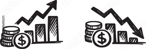 Financial growth and decline charts with coins