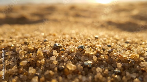 Close-up Macro Shot of Golden Sand Grains on a Beach at Sunset.