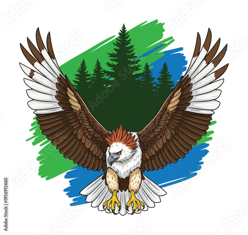 Majestic bird of prey with outstretched wings is illustrated in a vector graphic against a forest backdrop