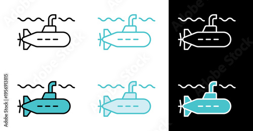 Submarine underwater vehicle icon for marine transport and naval navigation in line and fill style