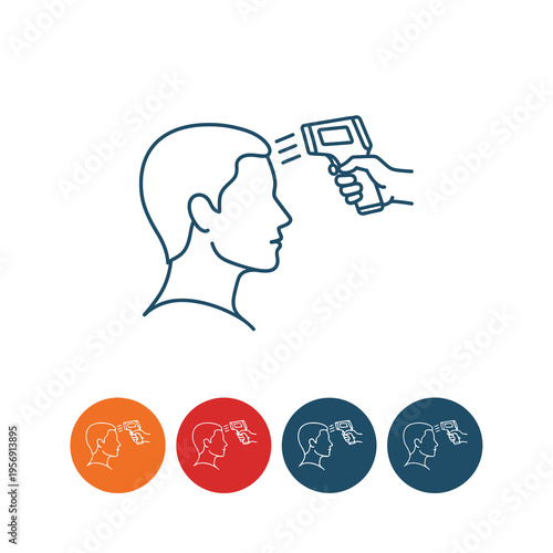 Vector of a temperature check being performed on a person's forehead with a handheld device