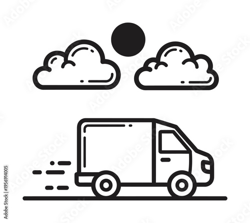 Vector of a white delivery van driving on a road with clouds and a sun in the sky.