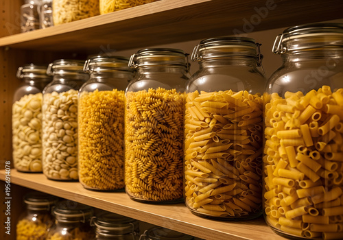 Various types of pasta stored in glass jars on wooden shelf  
