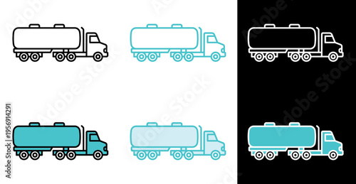 Tanker truck with fuel tank icon for petroleum transport and logistics in line and fill style