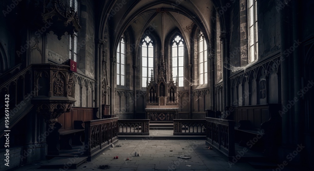 Obraz premium Abandoned Church Interior with Gothic Architecture.