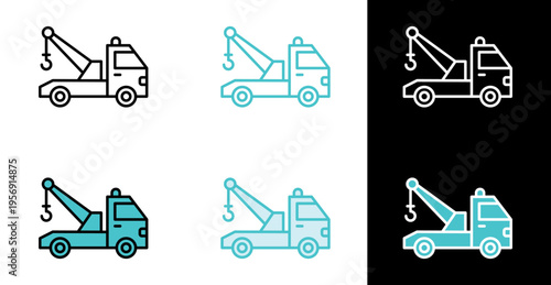 Tow truck with crane hook icon for vehicle recovery and roadside assistance in line and fill style