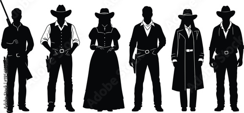 Wild west cowboy silhouettes set, gunslinger characters, vintage western theme, outlaw figures, sheriff style, frontier illustration, black vector design, classic america