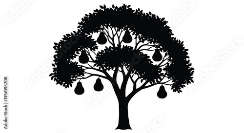 A stylized pear tree with dark foliage and fruit a striking silhouette