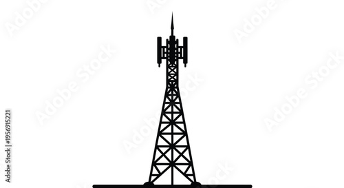 A tall communication tower stands prominently against a white background silhouette