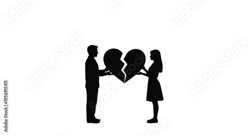 Couple holding broken heart pieces representing love s end silhouette
