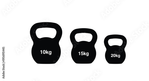Three kettlebells of varying weights displayed in a black silhouette