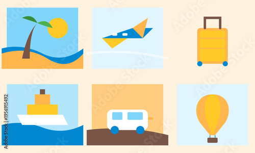 A comprehensive collection of minimalist travel icons including a tropical beach, airplane, suitcase, cruise ship, camper, balloon elements.