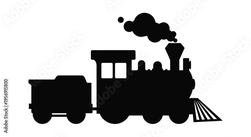 Black silhouette of a vintage steam train with smoke detailed illustration
