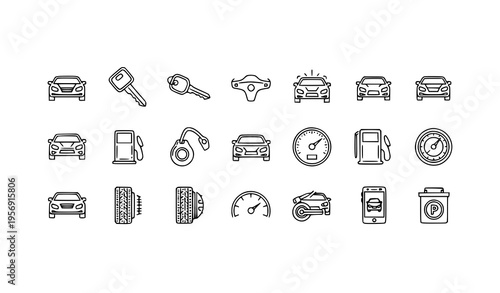 A set of black and white line art icons depicting various car and automotive related symbols