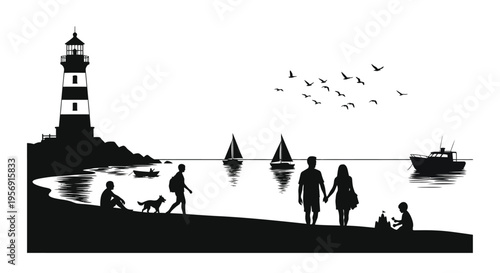 Coastal scene with lighthouse people and boats in black silhouette