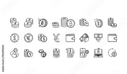 A collection of financial icons and symbols in a minimalist line art style