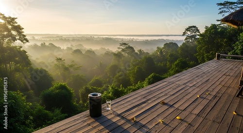 Sunrise over lush rainforest canopy with a wooden deck balcony offering a serene view of mist filled valley and distant trees