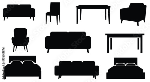 Furniture arrangement depicted in stark black shapes a modern silhouette