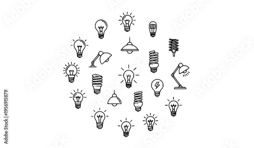 A collection of light bulb and lamp icons in a circular pattern