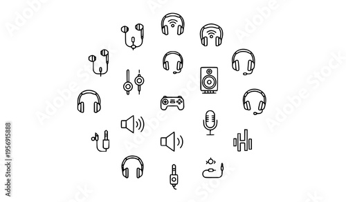 A collection of audio equipment icons in a circular pattern