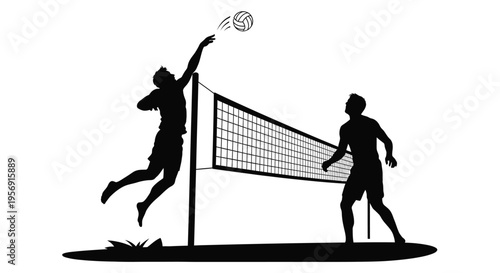 Volleyball player spiking the ball over the net black silhouette