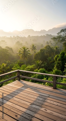 Sunrise over lush jungle canopy with wooden deck viewpoint in tropical paradise