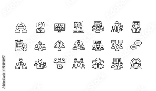  set of minimalist line art icons depicting people communicating and collaborating